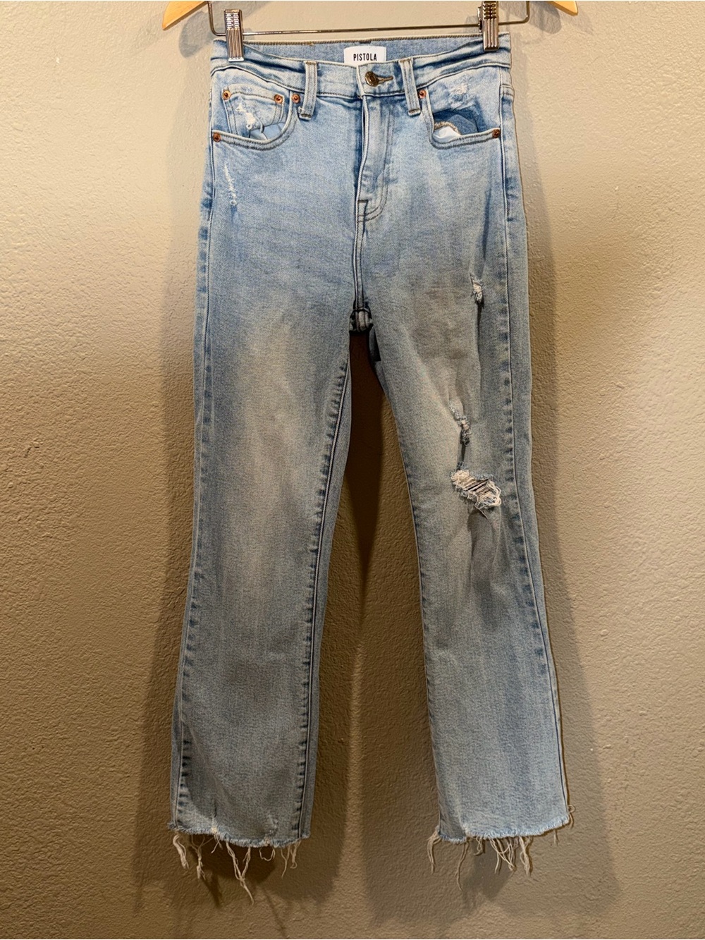 pistola Light Wash Straight Leg Jeans with Distressed Details Size 25.